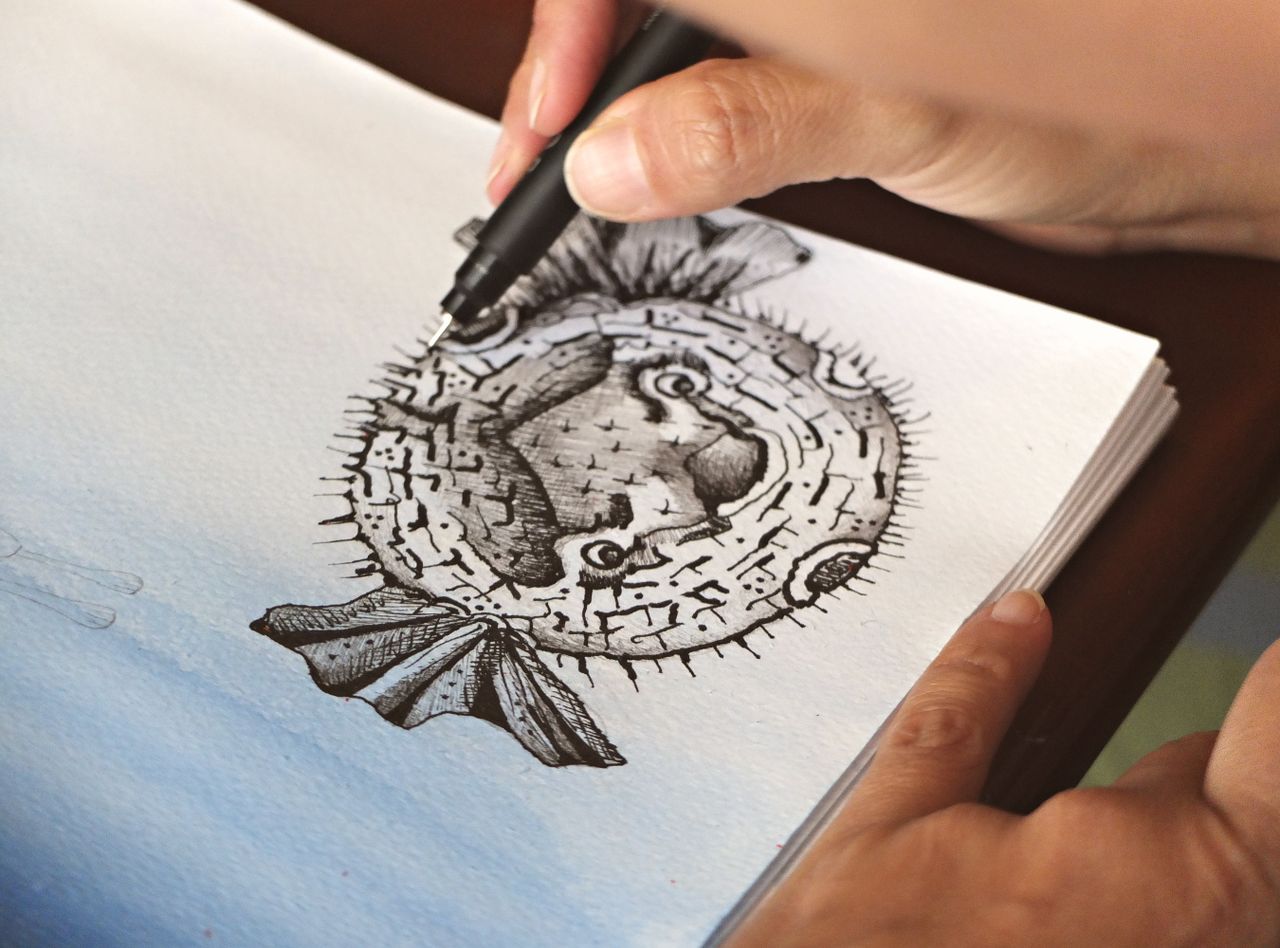 hero-img-02 Close-up of a hand drawing a detailed pufferfish illustration in black ink on paper.