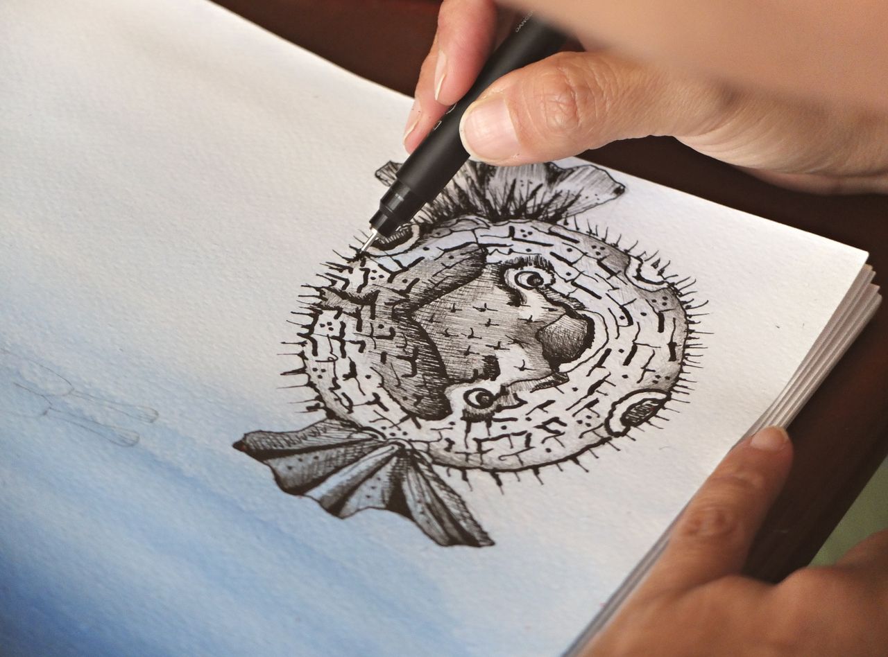 about-01 Close-up of an artist's hand drawing a detailed pufferfish illustration using a pen.